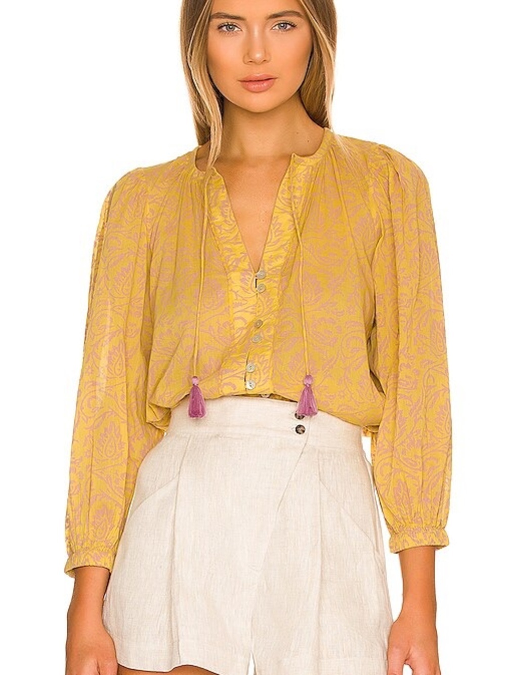Cleobella Scarlett Tassel Tie Blouse Camellia Print XS Organic Cotton Boho Top